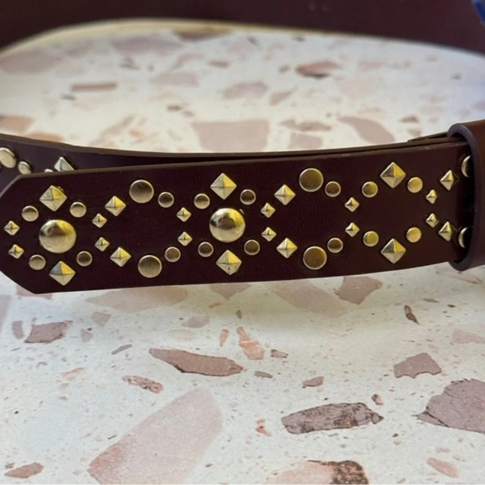 Rebecca Minkoff New Size XS‎ Mahogany Brown Studded Leather Belt Gold Hardware